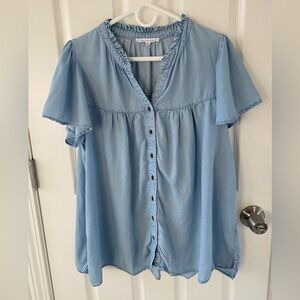 Light Blue denim inspired button up | 1X | Flutter Sleeves and ruffled collar